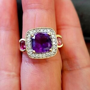 14KT cushion cut Amethyst/rubellite diamond yellow gold ring